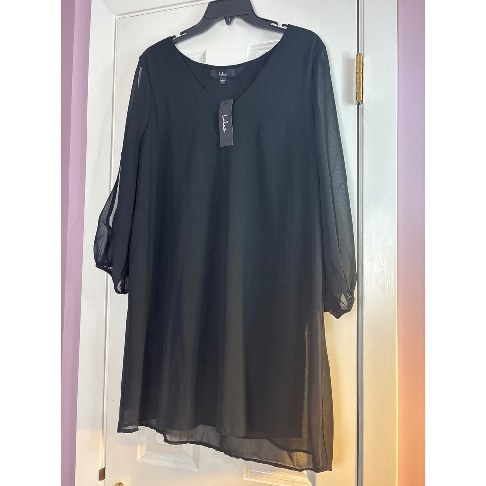 Lulus Black Chiffon V-Neck Shift Dress Long Slit Sleeve Mini Cocktail NWT Large